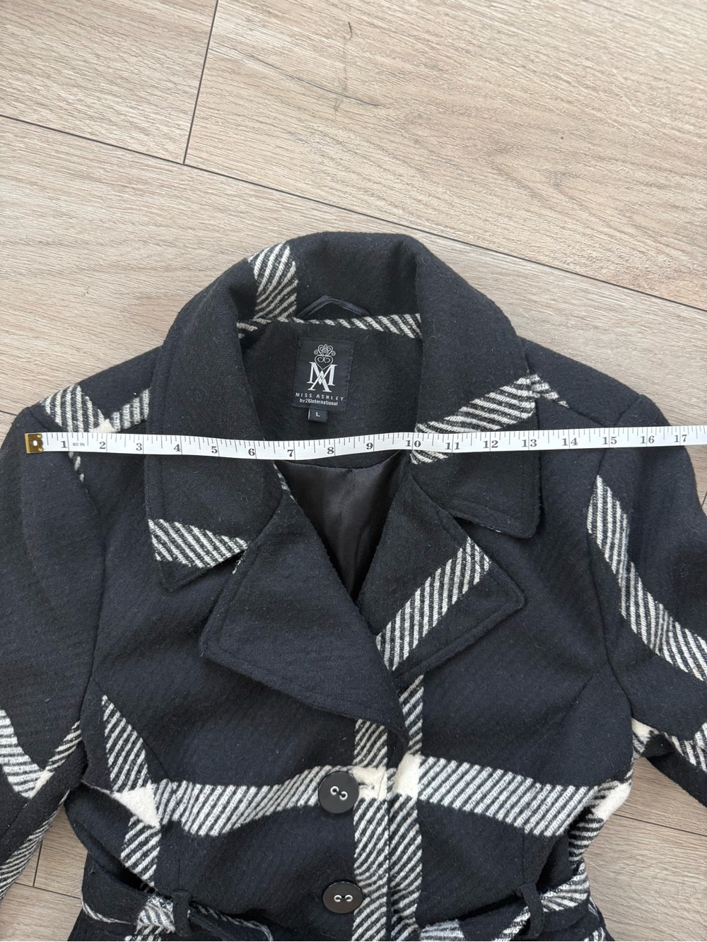 Miss Ashley Black White Plaid Wool Blend Belted Coat Size L - Picture 6 of 9